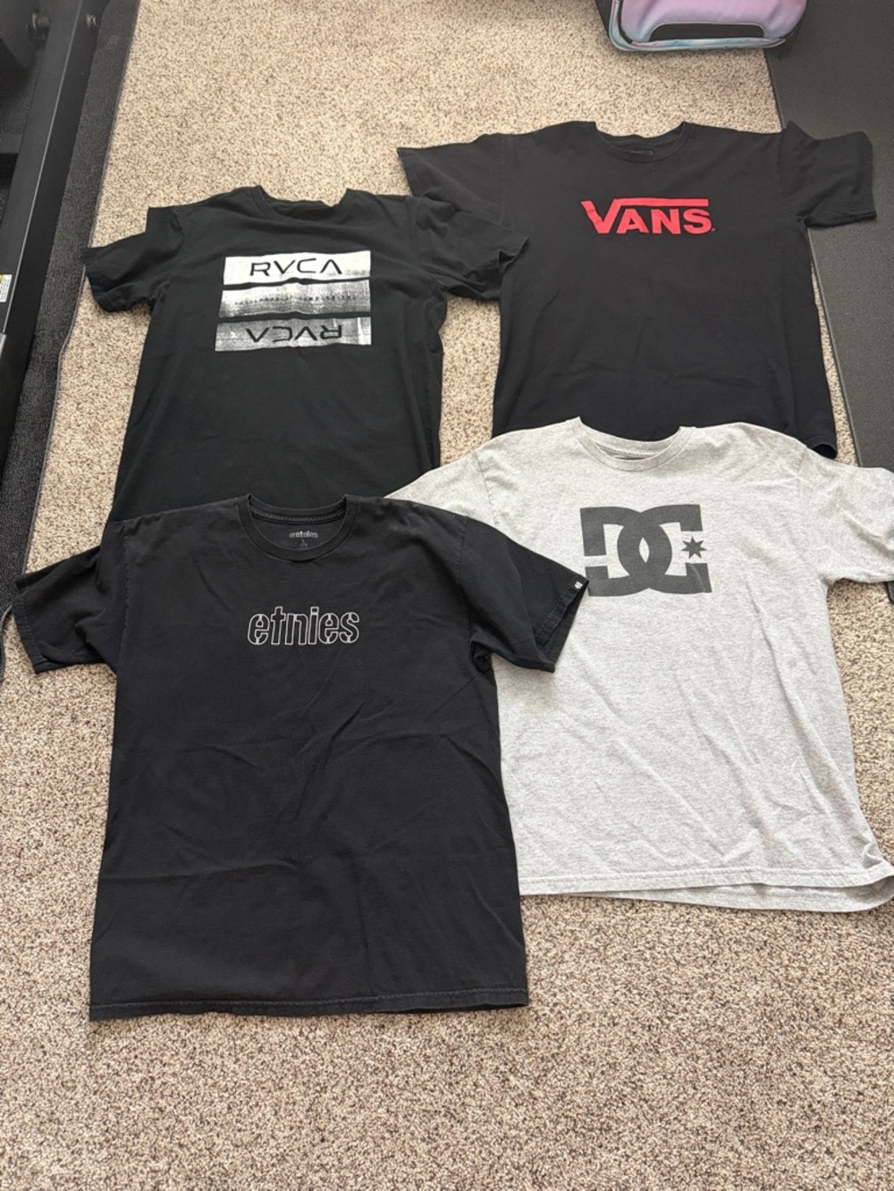 Bundle of 4 Skate Brand Logo Tees - Vans, RVCA, Etnies, DC-25 for all 4 shirts.